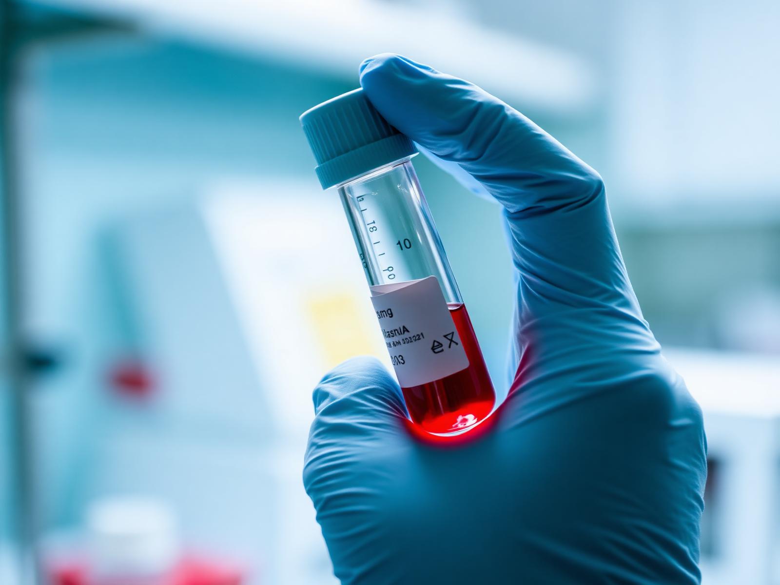Scientist holding a plasma sample vial in a research lab